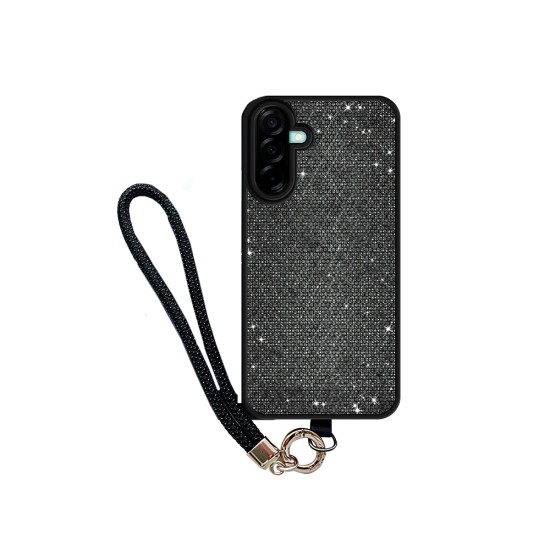 Capa de Silicone Dura de Designer com Cristais de Diamante e Cordão para Samsung Galaxy A37 Preto
